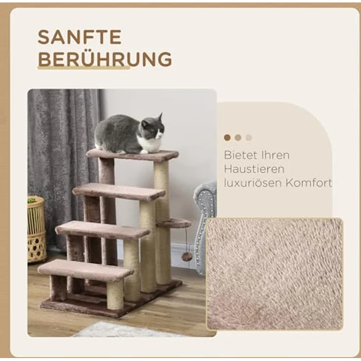 PawHut Kratzbaum Haustiertreppe mit Kratzbaum Ball, 4-stufige Katzentreppe, für Haustiere bis 5 kg, Braun – Bild 6