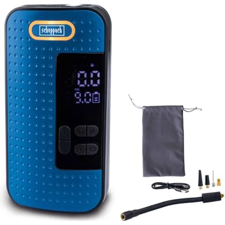 Scheppach Akku-Handkompressor AC10/8V, 10,3 bar Arbeitsdruck, 8 V, 2000 mAh, 5 Betriebsmodi, inkl. Schlauch, Nadel, Adapter, Ventil, Ladekabel – Bild 1