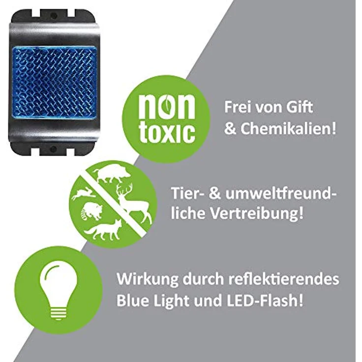 ISOTRONIC Tiervertreiber 10er Set batteriebetrieben, gegen Wildtiere wie Waschbären, Rehe, Füchse, Wildschweine UVM. – effektive Tierabwehr mit blauem LED-Licht & Reflektoren – 300m² Wirkungsbereich – Bild 3