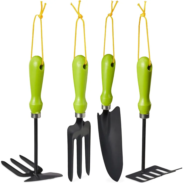 relaxdays Gartenhacke Gartenwerkzeug Set 4-teilig, ergonomische Griffe, Aufhängung, 460 g, Eisen-Kunststoff, bunt
