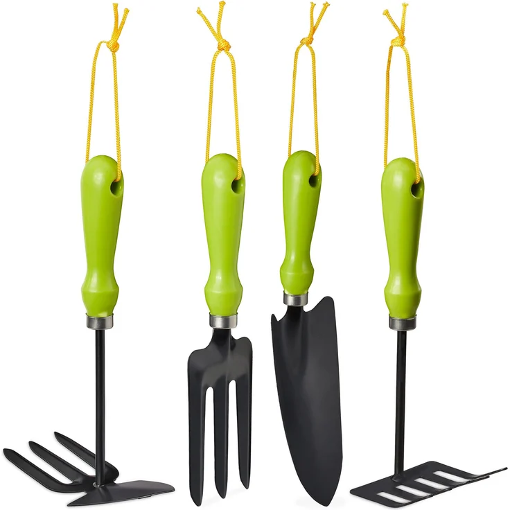 relaxdays Gartenhacke Gartenwerkzeug Set 4-teilig, ergonomische Griffe, Aufhängung, 460 g, Eisen-Kunststoff, bunt – Bild 1