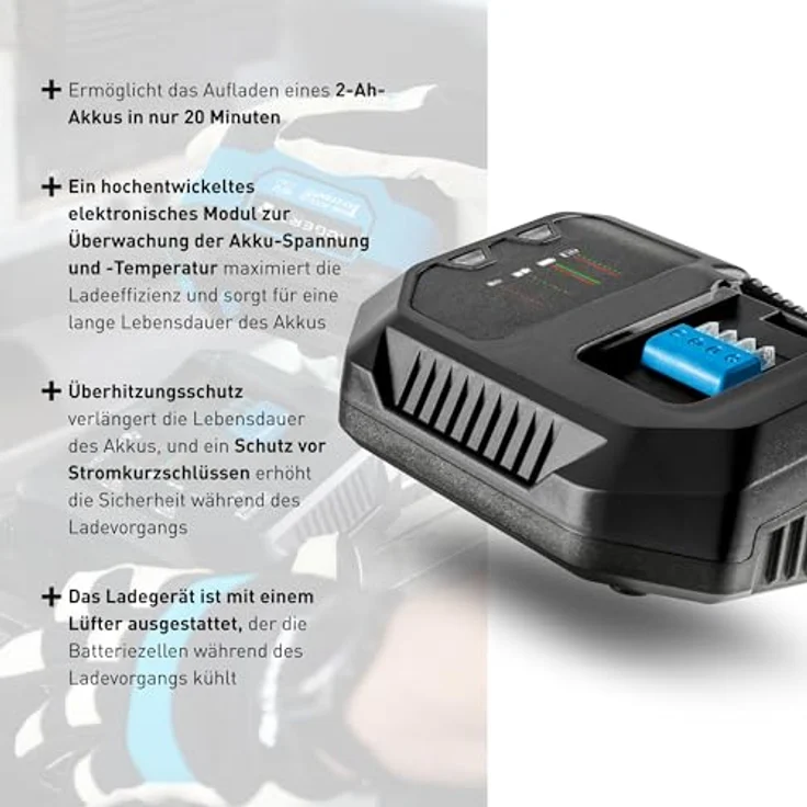 HÖGERT TECHNIK Batterieladegerät 6A 18 V, Schnellladegerät mit Ladeanzeige, Überhitzungs- und Kurzschlussschutz, kompatibel mit HÖGERT TECHNIK 18V Akkus für Elektrowerkzeuge – Bild 4