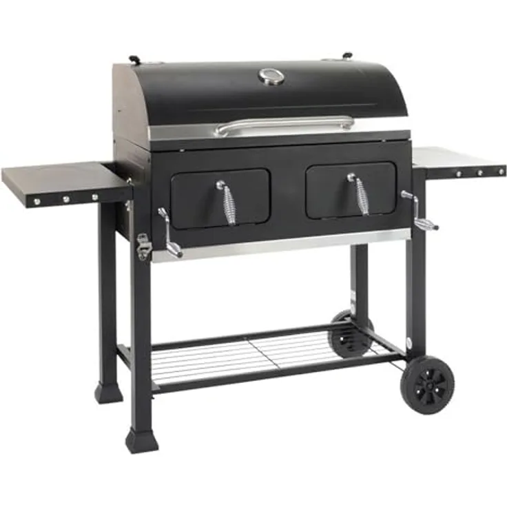 Landmann XXL Broiler (emaillierter Grill) - Schwarz, 79 x 42 cm, integriertes Thermometer, Warmhalterost, höhenverstellbare Holzkohlepfannen, separate Feuerschalentüren, robustes Design, klappbare Seitenablagen - ideal für große Gruppen