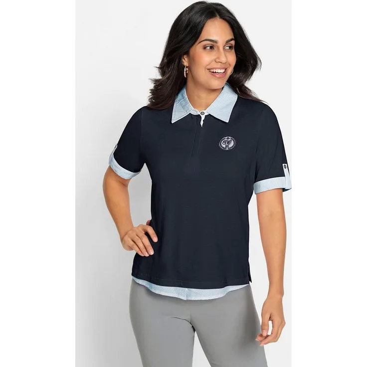 Witt T-Shirt Poloshirt in Pikee-Qualität, 2-in-1-Look, Webeinsatz, Zierriegel - Blau