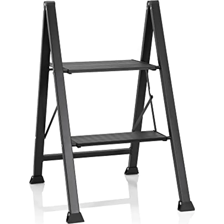 hjh OFFICE 801204 Klapptritt 2 Stufen SOLID W5 Stahl Trittleiter, bis 150 kg belastbar, Tritt klappbar, Schwarz