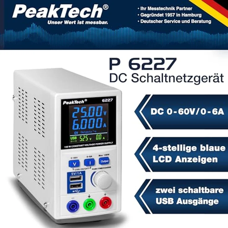 PeakTech P 6227 DC Labor Netzteil 0-60 V - 0-6 A mit farbiger LCD Anzeige, Labor Netzgerät inkl. 2x USB Port, Einstellbare Ausgangsspannung, Betriebsspannung 115-240 V AC- 50-60Hz - EN 61010-1 – Bild 3