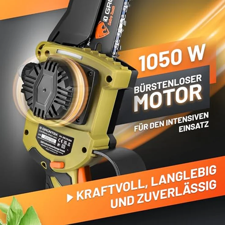 GRÜNTEK Akku Kettensäge 21V, Mini Motorsäge mit 2 Akkus, 1050W Brushless Motor, 6" und 8" Schwert, inkl. Sicherheitszubehör im Koffer – Bild 2