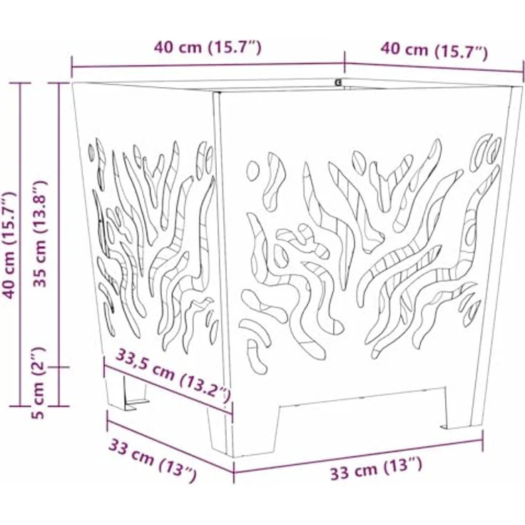 vidaXL Feuerstelle Braun, quadratischer Outdoor-Feuerkorb aus Stahl, 40 x 40 x 40 cm, hitzebeständig, ideal für Garten und Terrasse – Bild 3
