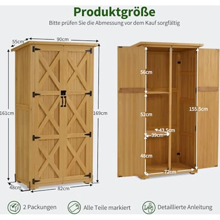 M MCombo Gartenschrank Holz, Gartenhaus Klein Wetterfest, Outdoor Gerätehaus Geräteschuppen, für Außenbereich Balkon Terrasse, 55×90×169cm, 0878D (Natur) – Bild 3