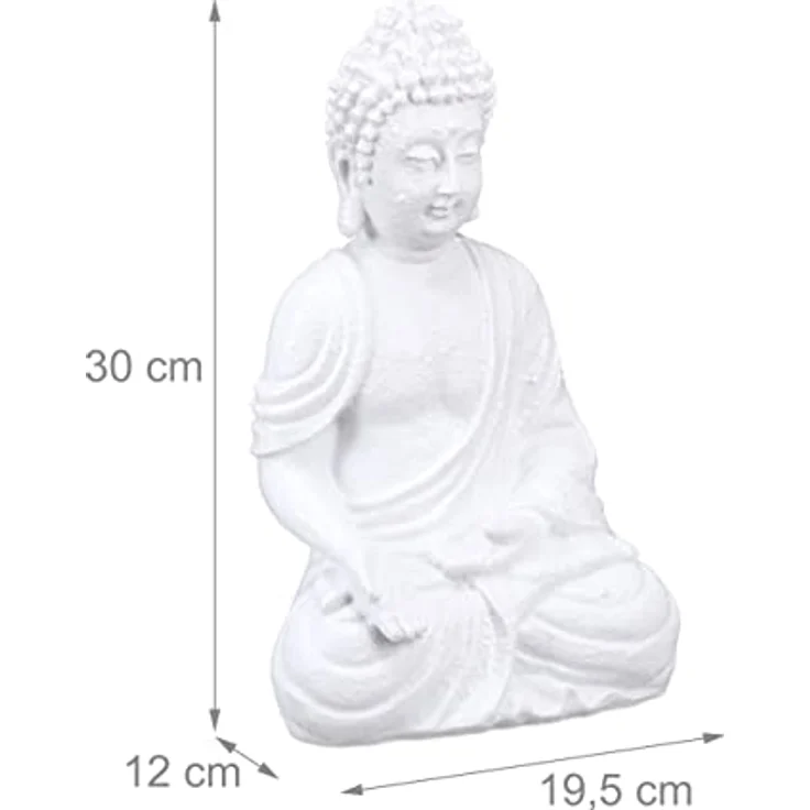 Relaxdays Buddha Figur, wetterfest & frostsicher aus Polyresin, Gartendeko, HxBxT: 30x19,5x12 cm, indoor & outdoor, weiß – Bild 4