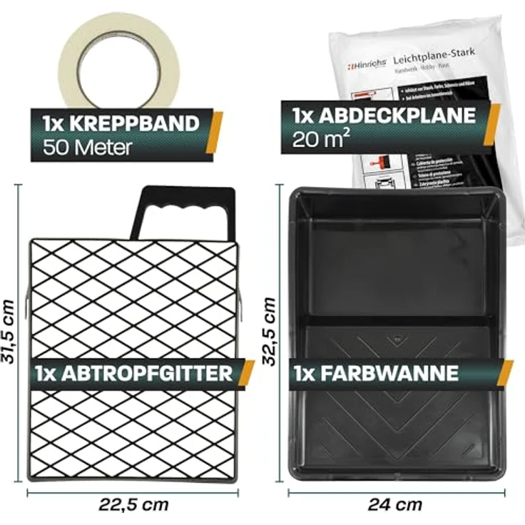 Hinrichs Malerset Streichen 12-teilig, Farbroller Set mit Farbwanne, Abstreifgriff, Abdeckplane, Kreppband, Pinsel und Steckbügel für präzise Malerarbeiten – Bild 3
