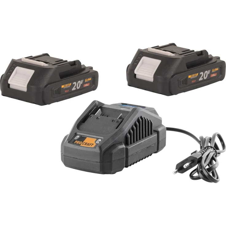 Procraft Starter Pack 20 V, 20/2.4A Ladegerät + 2x 20/2A Akku 2,0 Ah, ideal für professionelle Elektrowerkzeuge