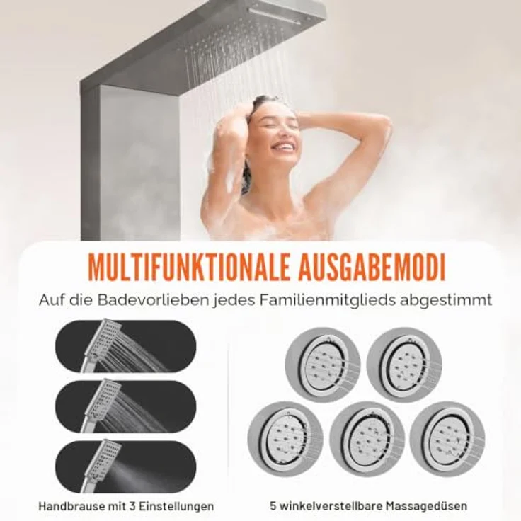 VEVOR Duschsäule Duschsystem mit 4 Duschmodi, Regen- und Wasserfall, 5 Ganzkörpermassagedüsen, Handbrause mit 3 Einstellungen und 1,5 m Schlauch, Wandduschset aus Edelstahl – Bild 3