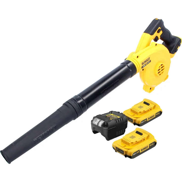 DeWalt DCV 100 D1 Akku Gebläse / Laubbläser 18 V + 2x Akku 2,0 Ah + Ladegerät, leistungsstarkes Werkzeug mit 265 Watt Motor, bis zu 290 km/h Luftgeschwindigkeit