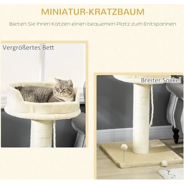 PawHut Kratzbaum klein, 85 cm Katzenbaum, Katzenkratzbaum mit Liegefläche, Plüsch-Kletterbaum mit Spielball, Katzenmöbel, für Katzen unter 6 kg, Sisal, Beige – Bild 3