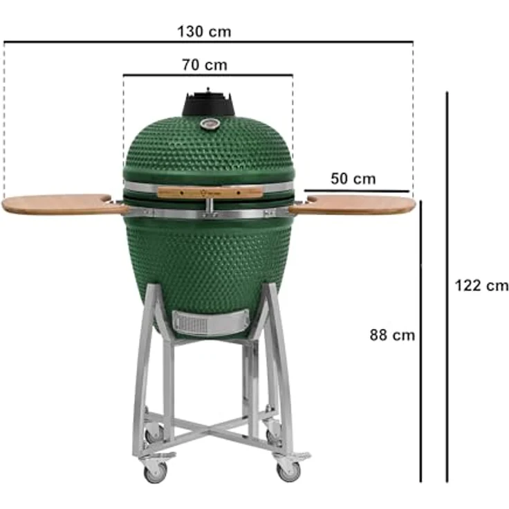 BBQ-Toro Kamado Grill Ø 52 cm "KURO", Grün | Holzkohlegrill mit Bambusablage, Thermometer, Holzgriff, Rollen | Keramikgrill Kamado, Keramik Grill mit Aktivbelüftung, Grill mit Ablage – Bild 3