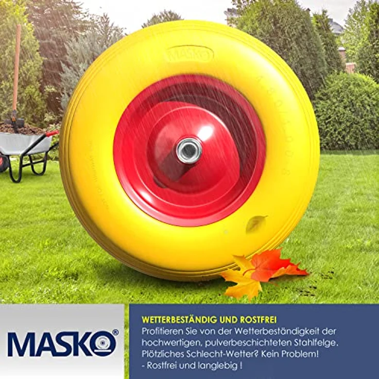 MASKO PU Schubkarrenrad Vollgummi 200 kg pannensicher 4.80-4.00-8 Ø 390mm inkl. Achse Ersatzrad Gummirad Stahlfelge Reifen pannensicher für Schubkarre Gartenkarren pannensicheres PU Rad Gelb - Rot – Bild 5