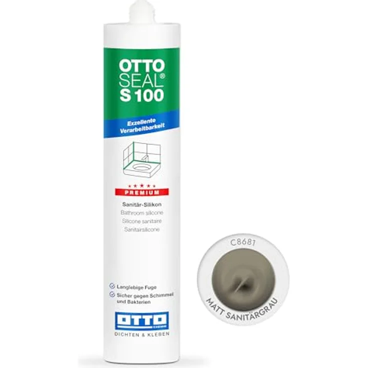 OTTOSEAL S 100 Premium-Sanitär-Silikon 300 ml Kartusche C8681 matt sanitärgrau - Exzellente Verarbeitbarkeit, langlebige Fuge, sicher gegen Schimmel und Bakterien – Bild 1