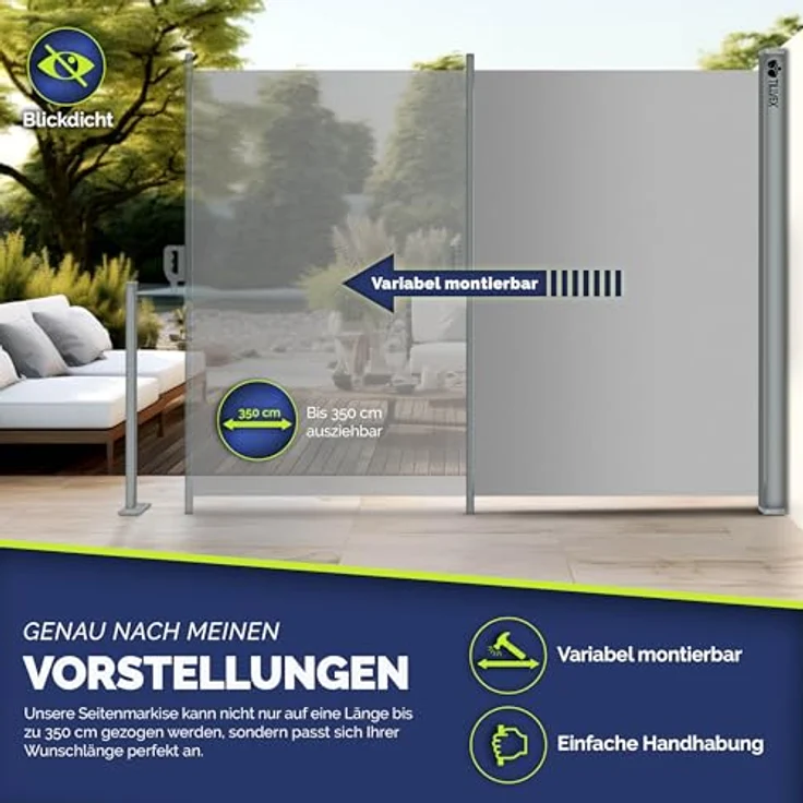 tillvex® Seitenmarkise 160 x 400 cm ausziehbar & Blickdicht in grau | Sichtschutz für Balkon, Garten & Terrasse | Seitenrollo mit Wandhalterung | Sonnenschutz aus rostfreiem Stahl | Markise Windschutz – Bild 2