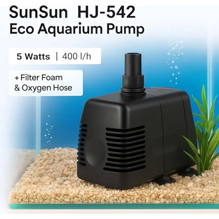 SunSun HJ-542 ECO Aquarium Pumpe, 400 L/h, 5 W, leise Tauchpumpe mit Filterschwamm und Sauerstoffschlauch für Mini Aquarium – Bild 2