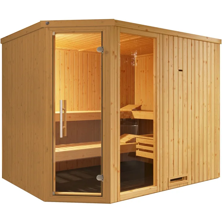 Weka Sauna Element-Ecksauna VARBERG 4, 244 x 194 x 199 cm, 68 mm, Fensterelement, Ganzglastür, Graphit-Optik