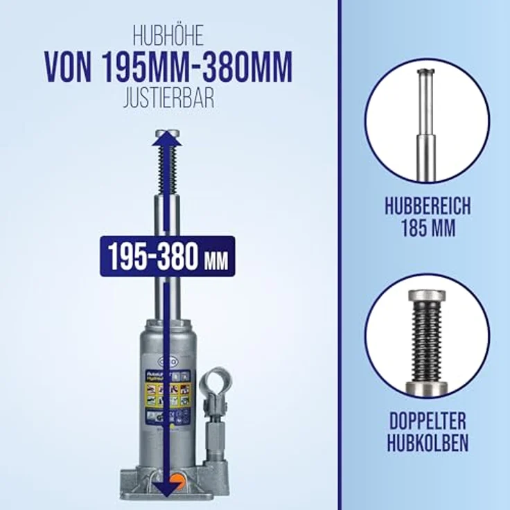 alca® Hydraulischer Wagenheber 3t, Stempelheber & Unterstellheber aus Stahl, Hubhöhe 195-380 mm, große Fußplatte für sicheren Stand, geriffelter Stempelteller – Bild 6