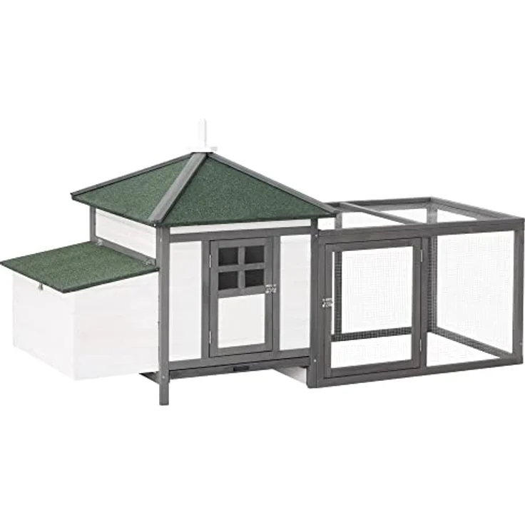 PawHut Zwerghühnerstall Zwerghühnerhaus mit Auslauf Stall mit Sitzstangen Nistkasten Wachtelstall Draußen Winterfest Kiefernholz Grau+Weiß 196 x 76 x 97 cm – Bild 1