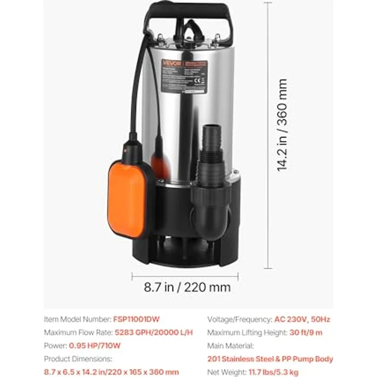 VEVOR 710W Tauchpumpe, 20000l/h Schmutzwasserpumpe mit automatischem Schwimmerschalter, 9m Förderhöhe für Pools und Teiche, Edelstahlgehäuse IPX8 – Bild 7