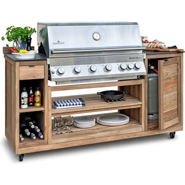 Endorphin Gasgrill Mobile Outdoor-Küche aus recyceltem Teak inkl. 6 flam. Gas-Grill, mit urban carbon Arbeitsplatte – Bild 2