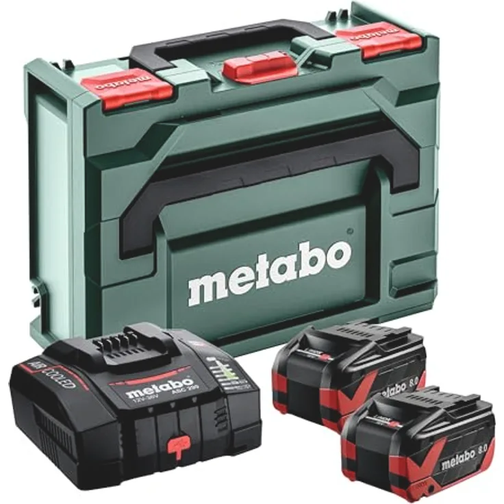 Metabo 685305000 Werkzeug-Akku und Ladegerät, 2 x 18V 8Ah LiHDX mit Tabless-Technologie und Schnellladegerät ASC 290