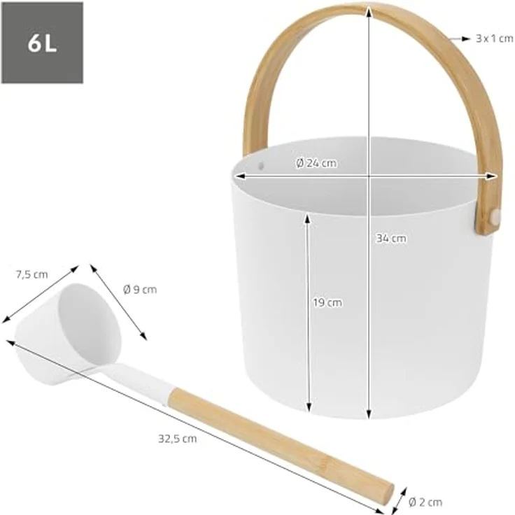 LuxeBath Saunazubehör-Set 2-TLG, Aufgusskübel aus Aluminium & Bambus, Weiß, 6L mit klappbarem Griff & Schöpfkelle, langlebiges Sauna Zubehör – Bild 5