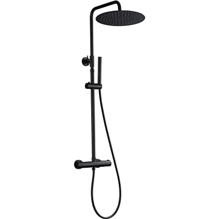 JOHO Thermostat Duschset Regendusche mit 30 cm XXL Regenduschkopf, Thermostatarmatur in Matt Schwarz, höhenverstellbar – Bild 1
