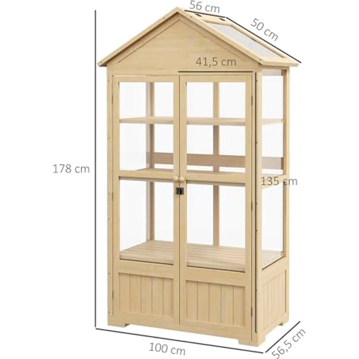 Outsunny Frühbeet aus Holz Abschließbar Gewächshaus Treibhaus mit 4 Ebenen, Dachfenster, Frühbeetkasten mit Doppeltür, für Garten, Balkon, Natur, 100 x 56,5 x 178 cm – Bild 5