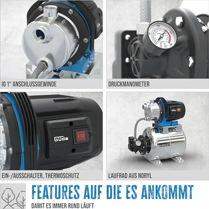 Güde HWW 1000 ES, Hauswasserpumpe mit 1000 W Leistung, 3800 l/h Fördermenge, silber, 20 l Edelstahltank, automatischer Betrieb – Bild 3