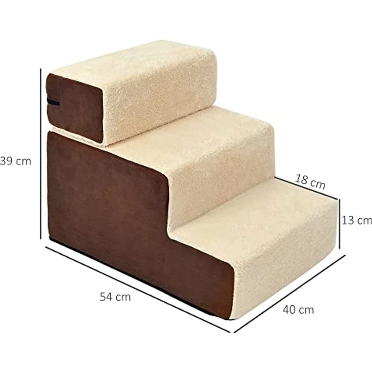 PawHut Hundetreppe Katzentreppe Haustiertreppe 3 Stufen Haustier Plüsch Beige 54 x 40 x 39cm – Bild 3