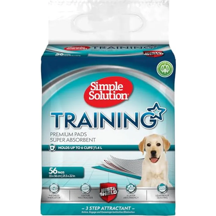 Simple Solution Absorbierende Premium Hunde- und Welpentrainingspads, 6-lagig mit 58,4 x 61 cm, Packung mit 56 Stück, Nässeindikator und InstaShield Technology
