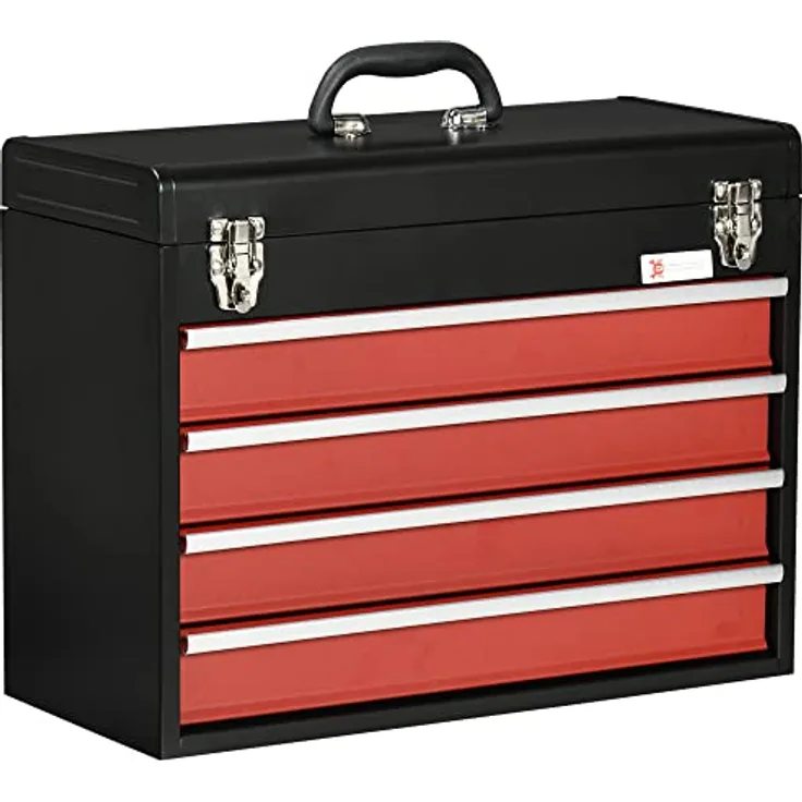 DURHAND Werkzeugkasten, Werkzeugkoffer ohne Werkzeug, Werkzeugkiste mit Griff, Werkzeugbox mit 4 Schubladen, Schloss, Stahl, Schwarz+Rot, 51 x 22 x 39,5 cm