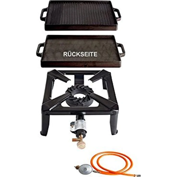 Hockerkocher-Set (klein) mit Gusseisengrillplatte 32 x 32 cm inkl. Gasschlauch & Regler – Bild 2