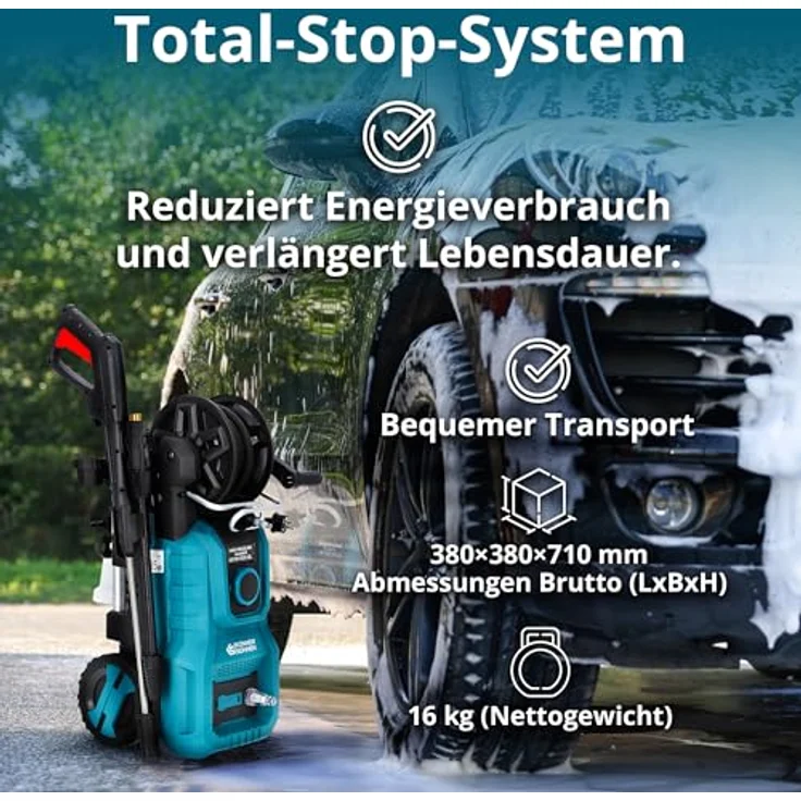 Könner & Söhnen Hochdruckreiniger KS PW160V-BL, 160 bar max, 390 l/h, bürstenloser Induktionsmotor, Metalllanze, 8 m Hochdruckschlauch – Bild 4