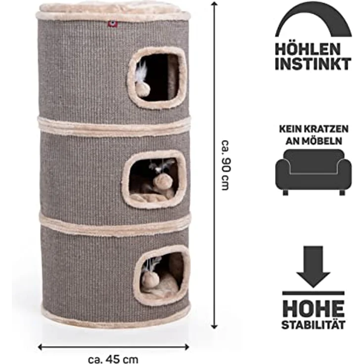 CanadianCat Company | Kratztonne Tony Höhe 90 cm, Spieltonne für Katzen ø 45 cm, Katzenkratzbaum mit 3 Höhlen, Katzenbaum, Kratzturm aus Sisal, Katzenmöbel, Plüsch, Beige – Bild 2