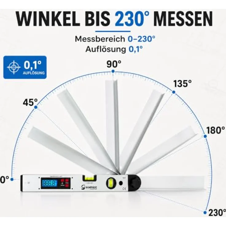 SCHMIDT security tools WM-420A digitale Wasserwaage und Winkelmesser, LCD Display mit blauer Hintergrundbeleuchtung, Messgenauigkeit ±0,5°, Silber – Bild 3