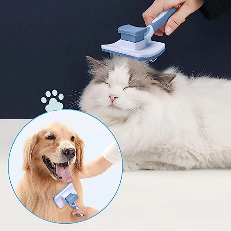 Vinabo Hundebürste, Katzenbürste, Haustier Selbstreinigend Zupfbürste Entfernt Unterwolle, Hundebürsten für Unterwolle,Haar Entferner Haustierbürste für Langhaarige Kurzhaarige Hunde und Katze, Blau – Bild 4