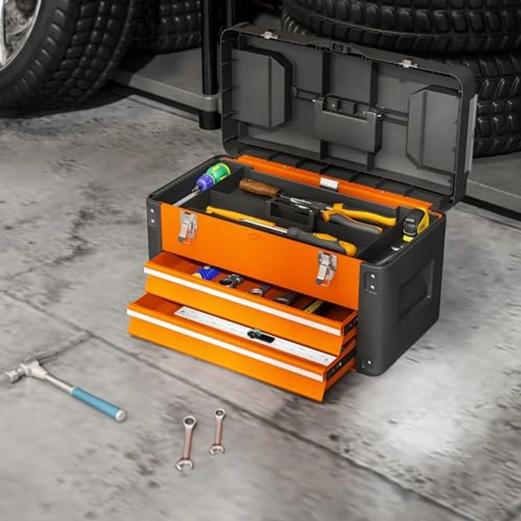 HOMCOM Werkzeugbox mit 2 Schubladen und Mini-Box, Stahl, orange, 49,7 x 25,3 x 28,9 cm, mit handlichem Tragegriff – Bild 8