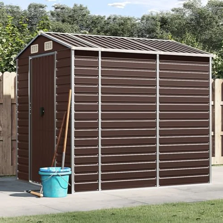 vidaXL Gerätehaus, Gartenhaus mit Schrägdach Griffe, Gartenschuppen Schuppen mit Stauraum, Geräteschuppen Metallschuppen, Braun 191x215x198 cm Verzinkter Stahl – Bild 2