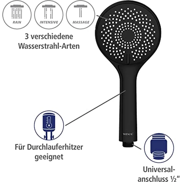 WENKO Handbrause Watersaving, Schwarz matt, Ø 11 cm, Nachhaltige Duschbrause mit Regen-, Massage- und Intensivfunktion – Bild 6