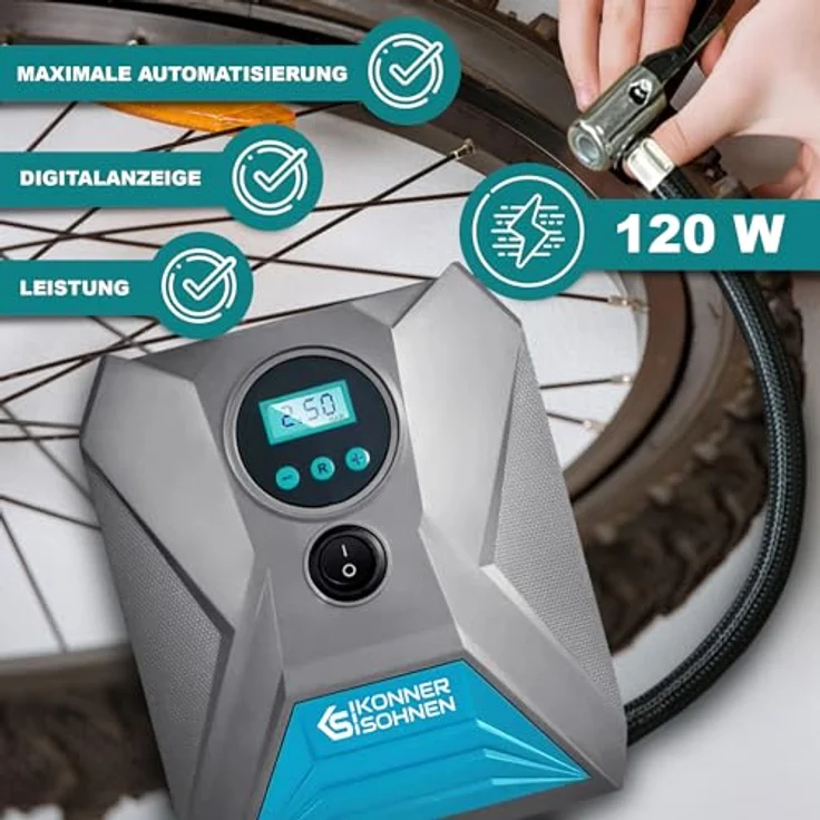 K&S Könner&Söhnen KS P10 Tragbare Elektronische Luftpumpe 12V Autoreifen Pumpe 120 W Elektrisch Luftkompressor 150 Psi Kabellänge 3 m Auto Luftpumpe Fahrradpumpe LED-Licht Automatische Abschaltung, Schwarz – Bild 2