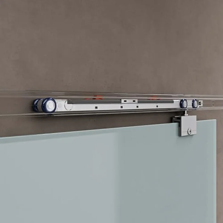 doporro Glasschiebetür Komplettset Softclose 90 x 215 cm | 15mm Wandabstand | ESG-Sicherheitsglas 8mm satiniert | Milchglas-Streifen | Muschelgriff | Amalfi-plus 11H – Bild 4