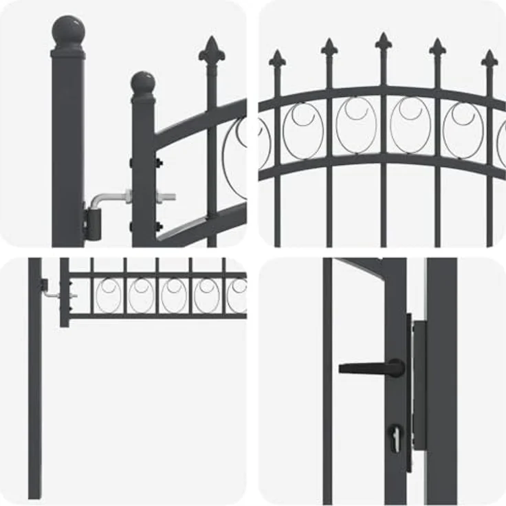 vidaXL Gartentor Zauntor Grau, pulverbeschichteter Stahl mit gewölbtem Design und Sicherheitsriegel, 125 x 100 cm – Bild 6