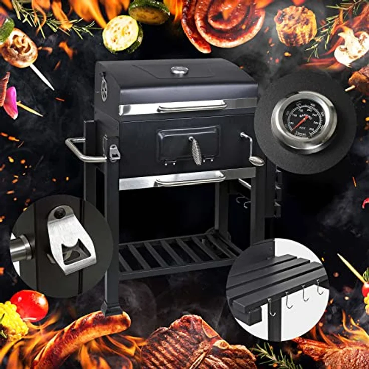 Wiltec BBQ Holzkohle Grillwagen mit Deckel, Ablage und Feuerklappe, Höhenregulierung für Kohle, Thermometer, Schwarz – Bild 2