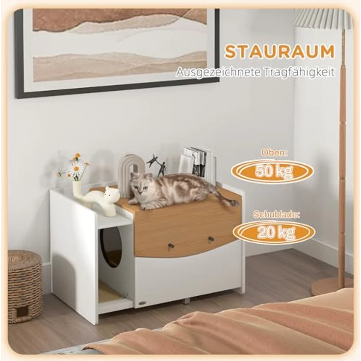 PawHut Katzenschrank für Katzentoilette, Katzenklo Schrank mit ausziehbarem Schrank, Streuauffangmatte, Katzenhaus für Indoor, Eiche – Bild 4